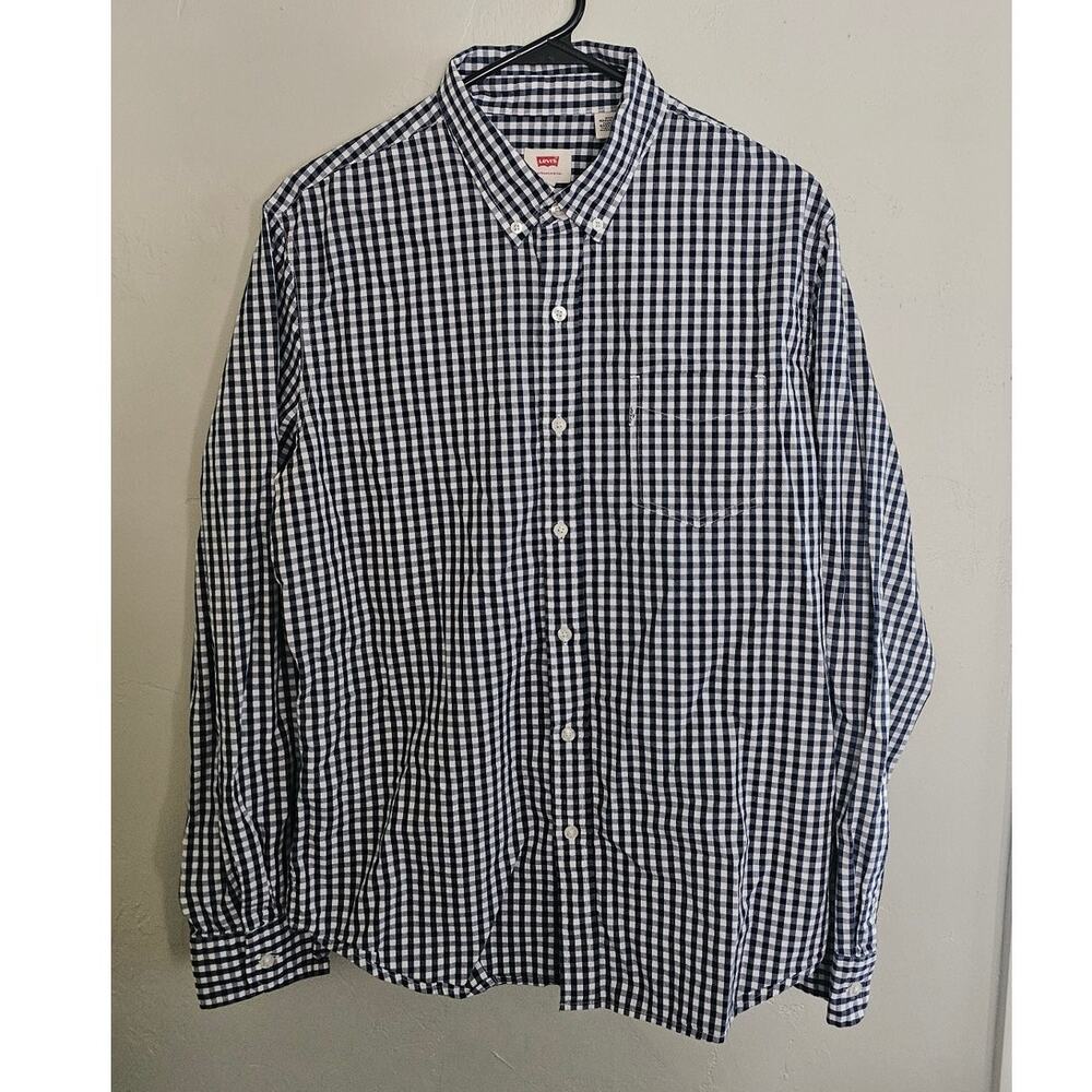 Levi's Men's Gingham Check Button Down Long Sleeve Shirt Navy White Size Large